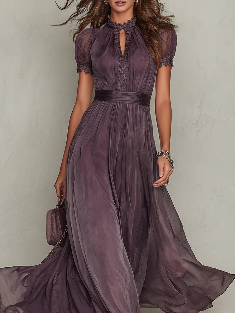 Hildegunn — Plum Keyhole-Neck Maxi Dress with Flutter Sleeves and Waistband