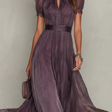 Hildegunn — Plum Keyhole-Neck Maxi Dress with Flutter Sleeves and Waistband