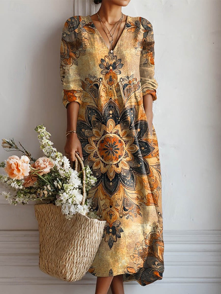 Ansley — Golden Mandala-Print V-Neck Boho Maxi Dress