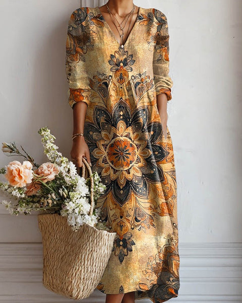 Ansley — Golden Mandala-Print V-Neck Boho Maxi Dress
