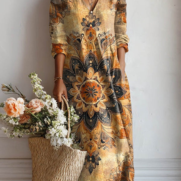 Ansley — Golden Mandala-Print V-Neck Boho Maxi Dress