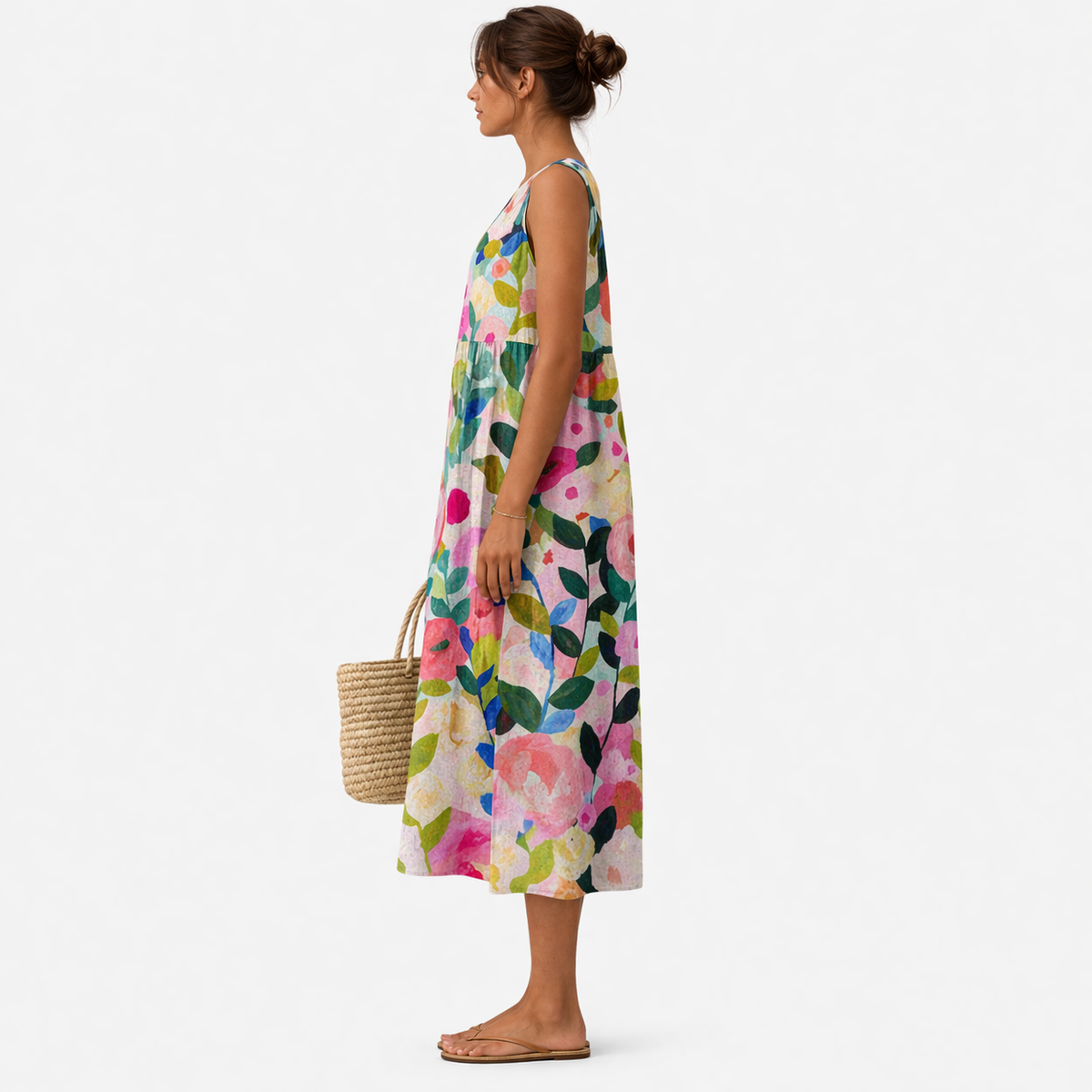 Augusta — Bright Floral Bouquet Sleeveless Midi Dress