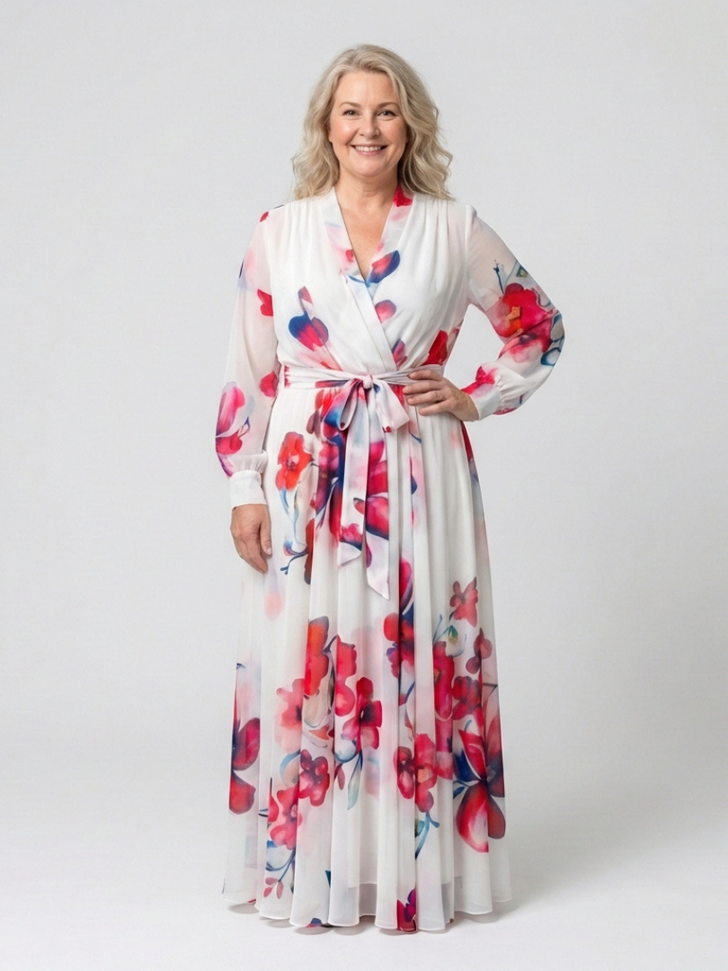 Eldrid — Floral Wrap Maxi Dress with Long Sleeves and Tie Waist