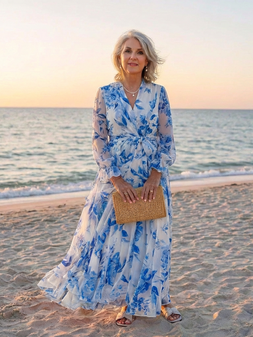 Eldrid — Floral Wrap Maxi Dress with Long Sleeves and Tie Waist