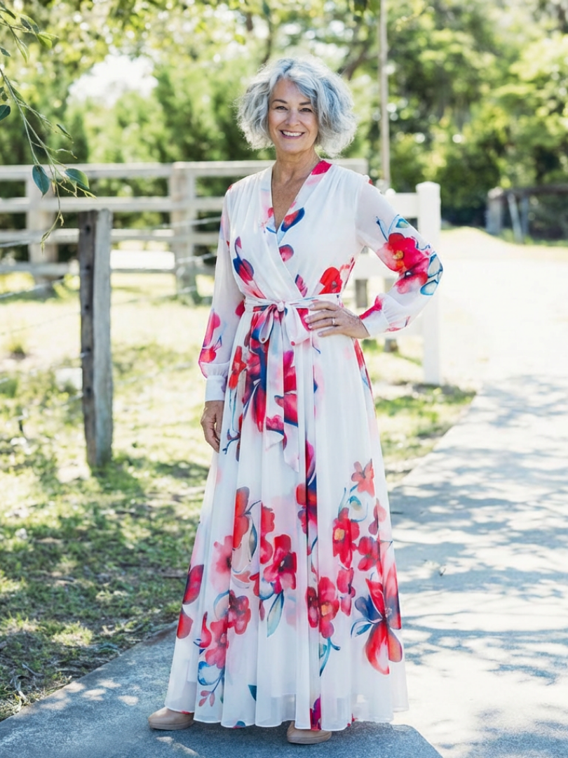 Eldrid — Floral Wrap Maxi Dress with Long Sleeves and Tie Waist