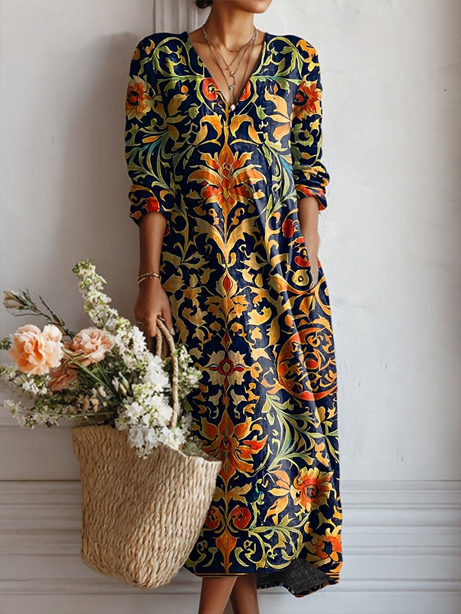 Britta — Black and Gold Baroque V-Neck Boho Maxi Dress