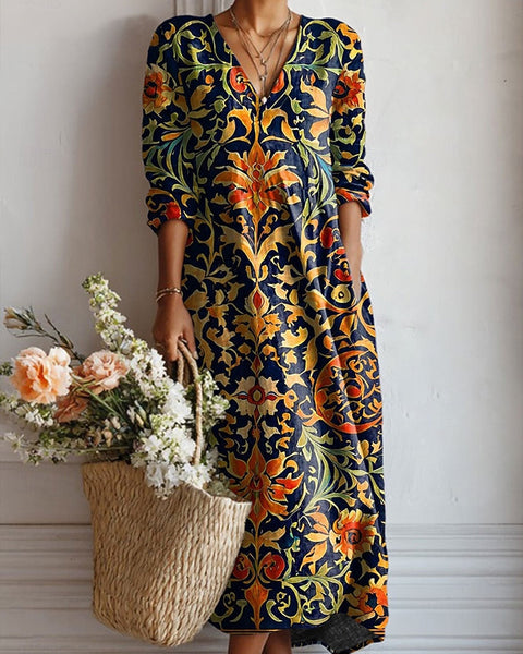 Britta — Black and Gold Baroque V-Neck Boho Maxi Dress