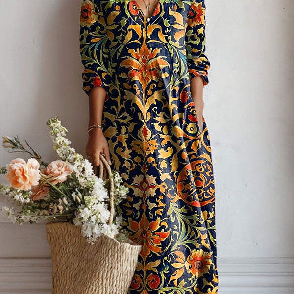 Britta — Black and Gold Baroque V-Neck Boho Maxi Dress