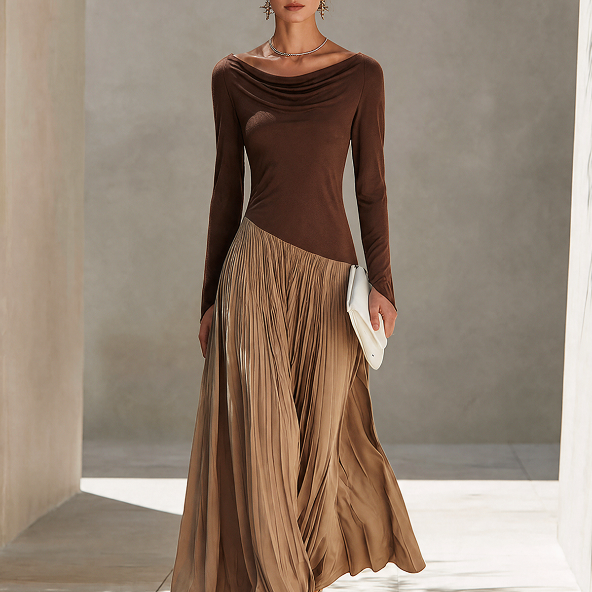 Selene Draped Color-Block Maxi Dress - Brown