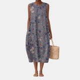 Alberta — Grey Ditsy Floral Sleeveless Midi Dress