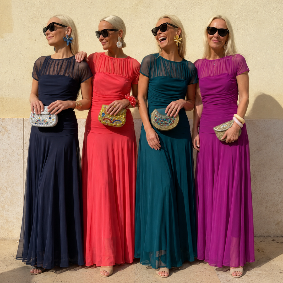 Amalie — Ruched Sheer-Yoke Flowy Maxi Dress