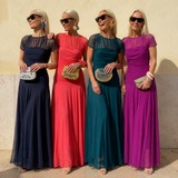Amalie — Ruched Sheer-Yoke Flowy Maxi Dress