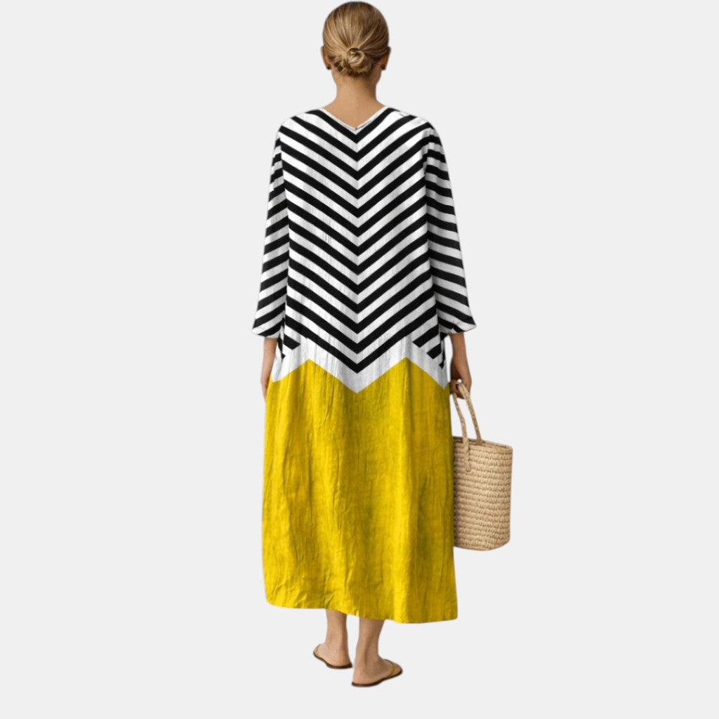 Dixie — Black and White Chevron Yellow-Block V-Neck Boho Maxi Dress