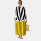 Dixie — Black and White Chevron Yellow-Block V-Neck Boho Maxi Dress