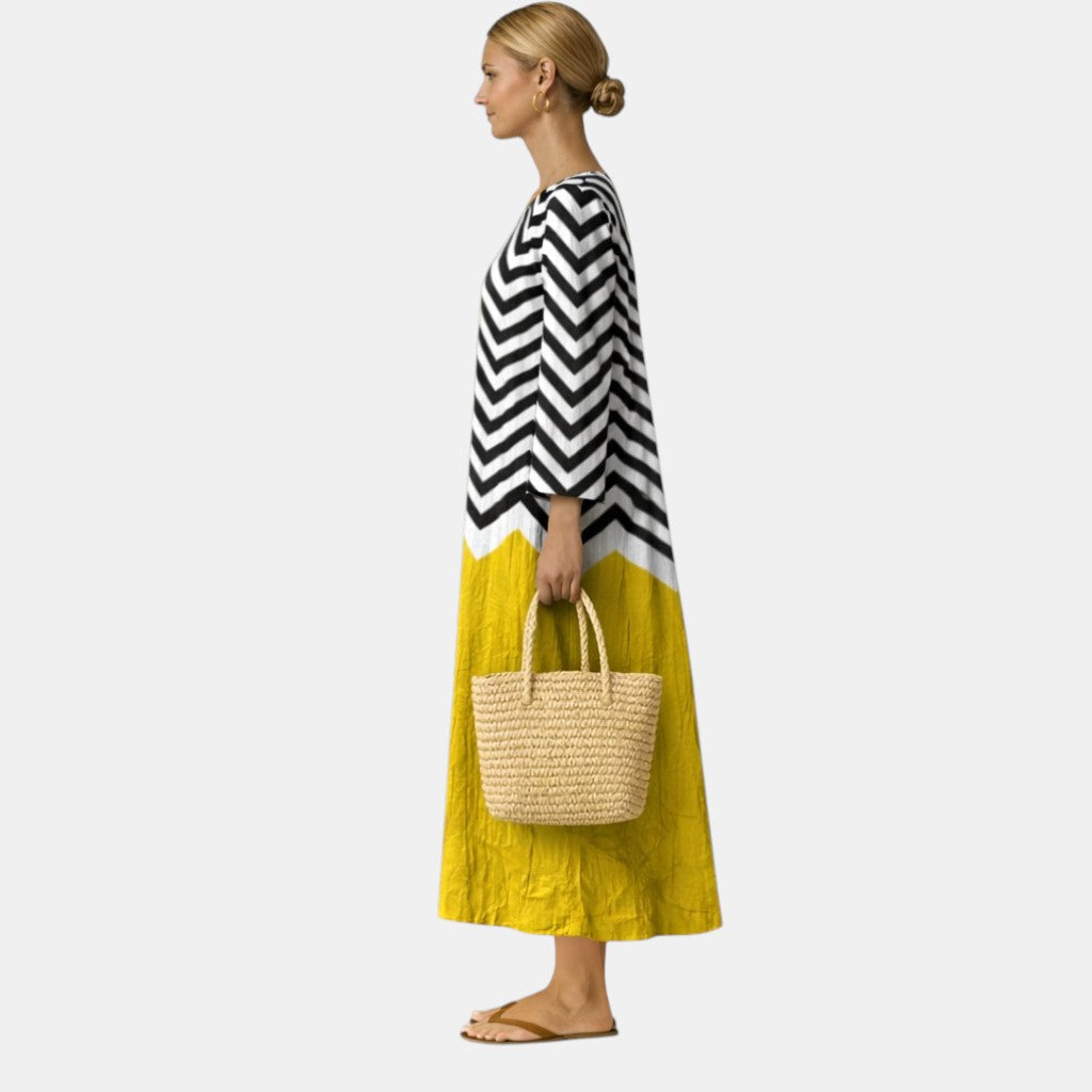 Dixie — Black and White Chevron Yellow-Block V-Neck Boho Maxi Dress