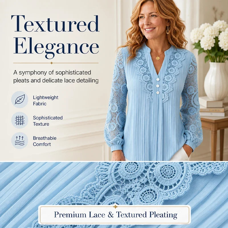Valeria – V-Neck Pleated Top with Lace Sleeves