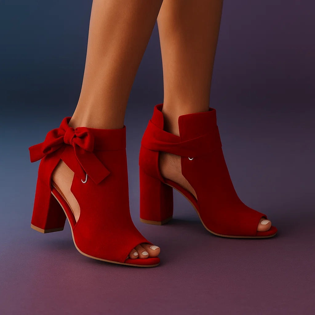 Jovita — Peep-Toe Block-Heel Sandal Booties with Back Bow