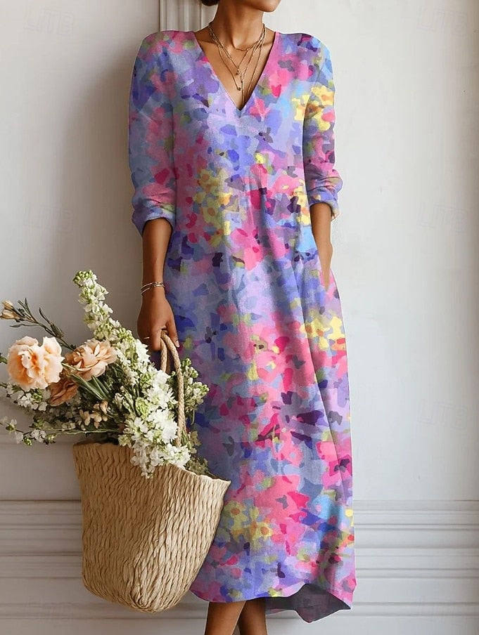 Arielle — Lilac Watercolour Floral V-Neck Boho Maxi Dress