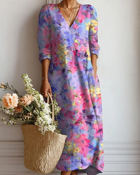 Arielle — Lilac Watercolour Floral V-Neck Boho Maxi Dress