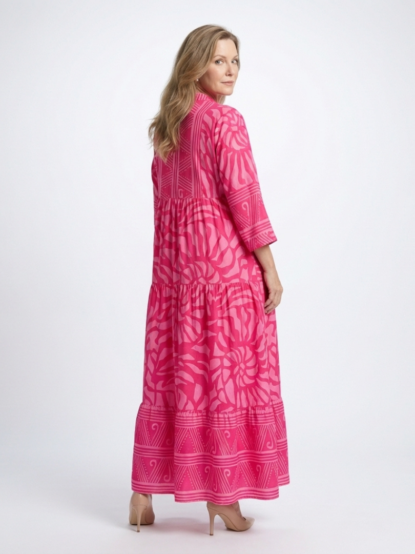 Milica — Tonal Print Tiered Midi Dress with Notch Neckline and Three-Quarter Sleeves