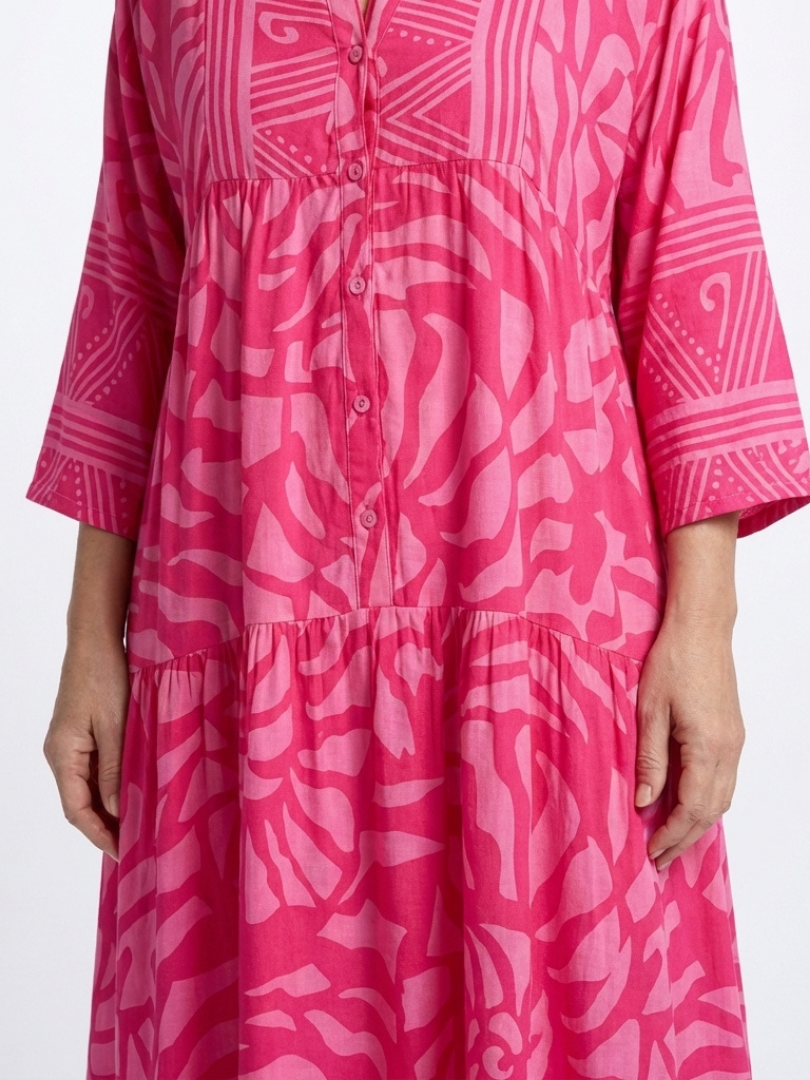 Milica — Tonal Print Tiered Midi Dress with Notch Neckline and Three-Quarter Sleeves
