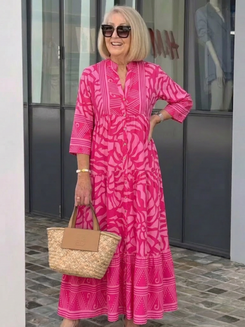 Milica — Tonal Print Tiered Midi Dress with Notch Neckline and Three-Quarter Sleeves