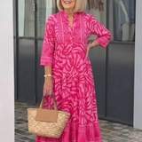Milica — Tonal Print Tiered Midi Dress with Notch Neckline and Three-Quarter Sleeves