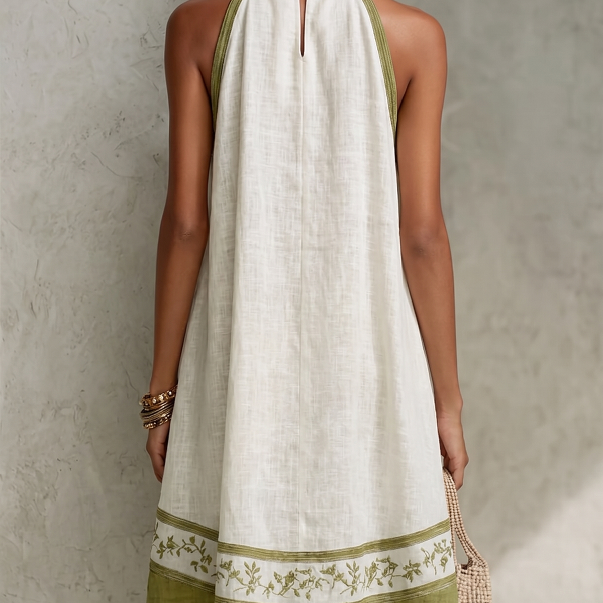 Zdenka — White Halter-Neck Swing Mini Dress with Olive Trim