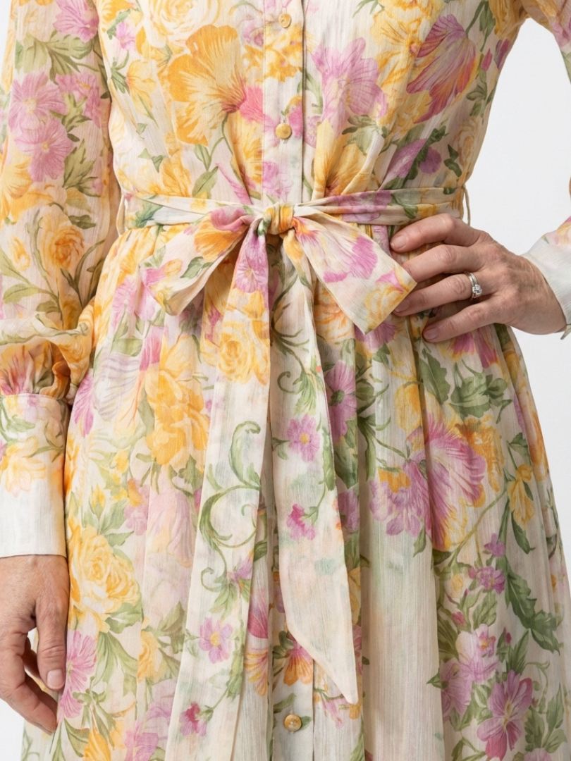 Eilonwy — Floral Ombre Maxi Dress with Tie Waist and Long Sleeves