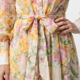 Eilonwy — Floral Ombre Maxi Dress with Tie Waist and Long Sleeves