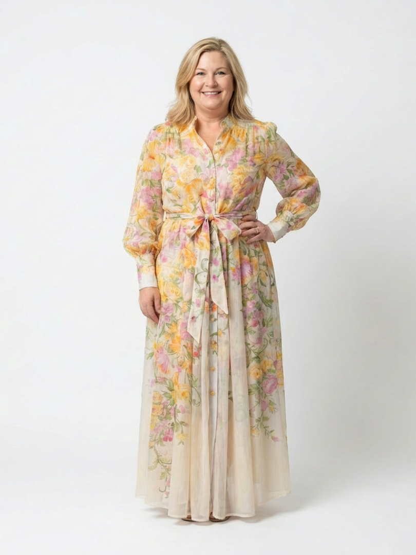 Eilonwy — Floral Ombre Maxi Dress with Tie Waist and Long Sleeves