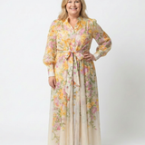 Eilonwy — Floral Ombre Maxi Dress with Tie Waist and Long Sleeves