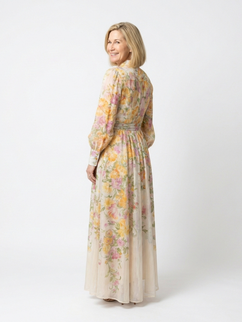 Eilonwy — Floral Ombre Maxi Dress with Tie Waist and Long Sleeves
