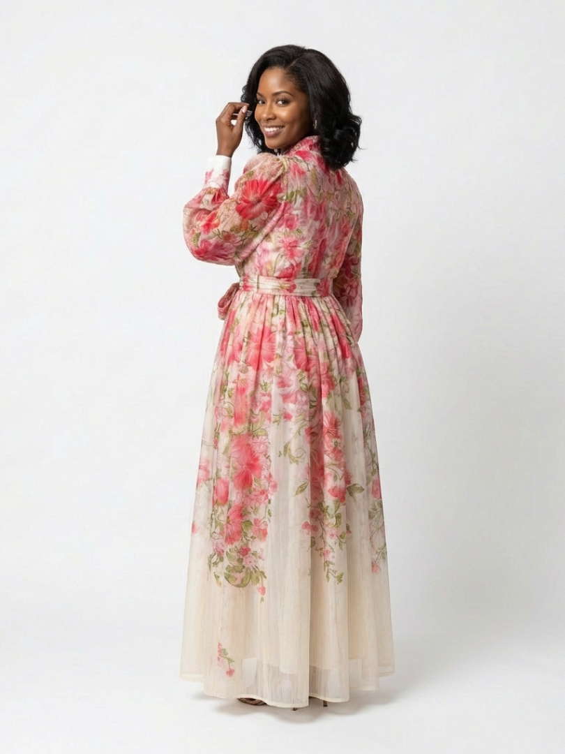 Eilonwy — Floral Ombre Maxi Dress with Tie Waist and Long Sleeves