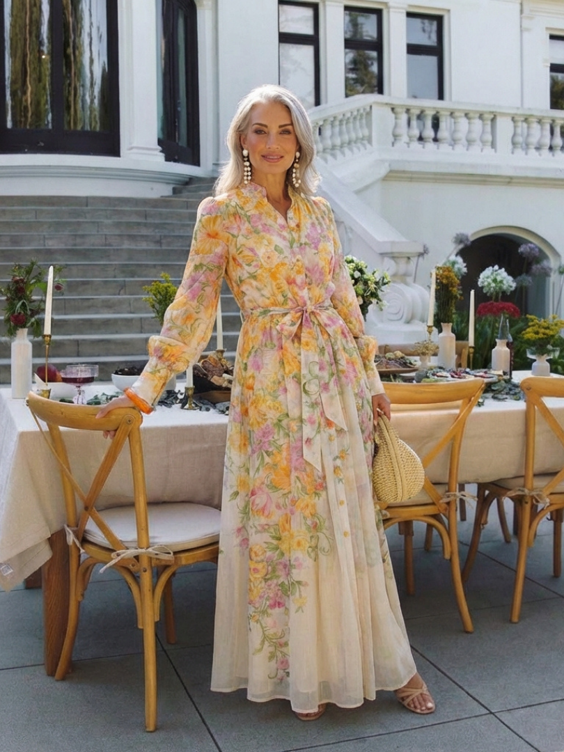 Eilonwy — Floral Ombre Maxi Dress with Tie Waist and Long Sleeves