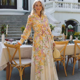 Eilonwy — Floral Ombre Maxi Dress with Tie Waist and Long Sleeves