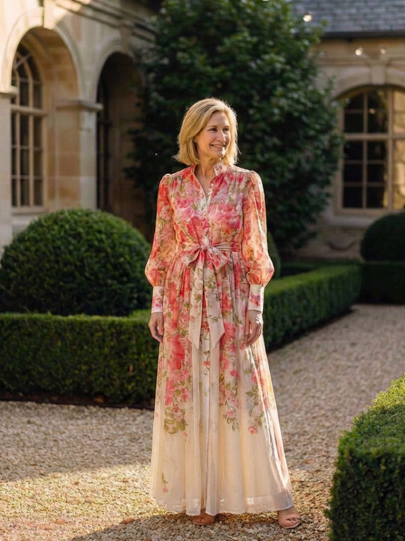 Eilonwy — Floral Ombre Maxi Dress with Tie Waist and Long Sleeves