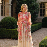 Eilonwy — Floral Ombre Maxi Dress with Tie Waist and Long Sleeves