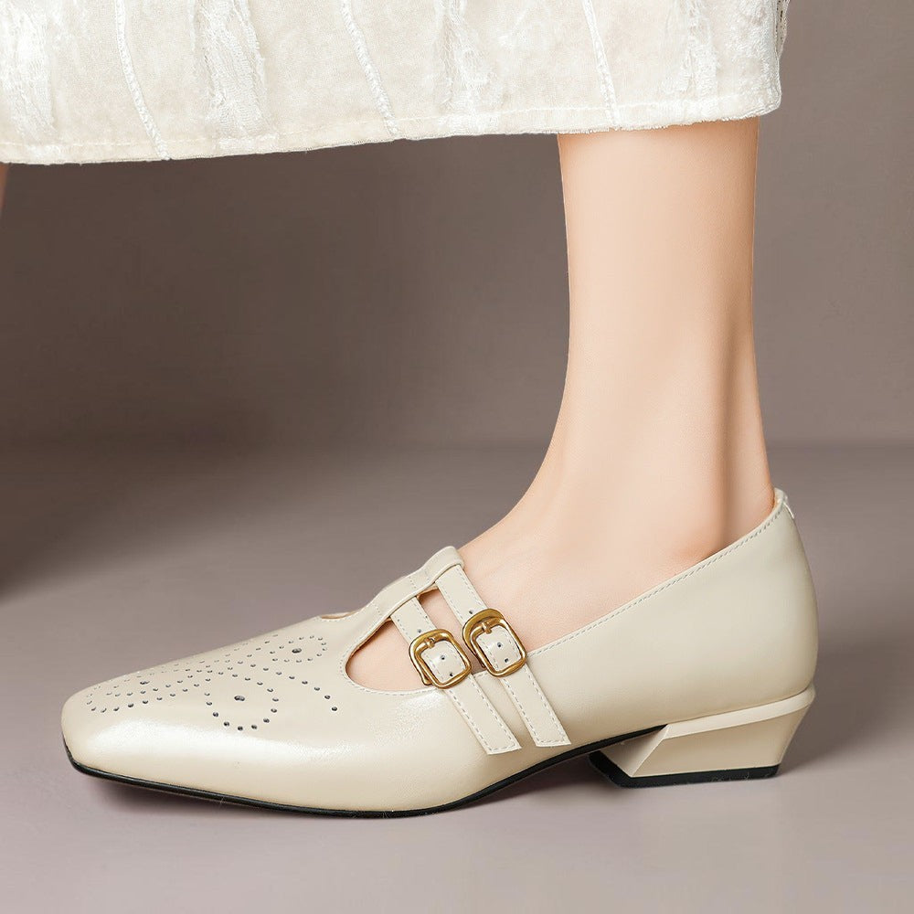Marisela — Brogued Dual-Strap Mary Jane Pump - Beige
