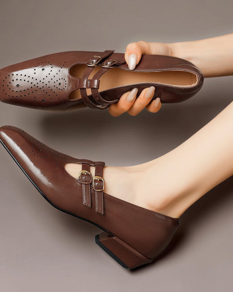 Marisela — Brogued Dual-Strap Mary Jane Pump - Brown