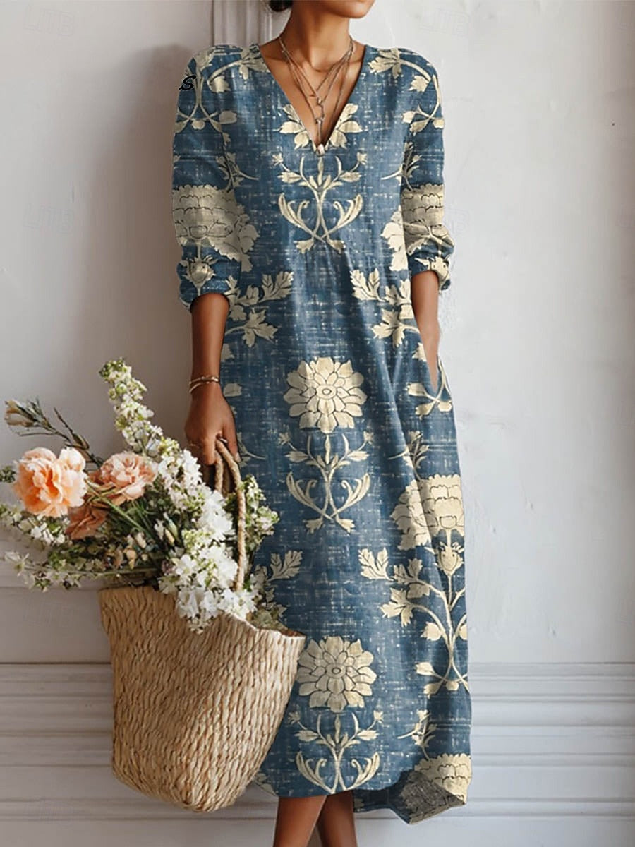 Cambria — Blue Vintage Floral V-Neck Boho Maxi Dress