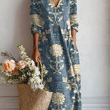 Cambria — Blue Vintage Floral V-Neck Boho Maxi Dress