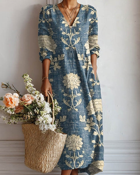 Cambria — Blue Vintage Floral V-Neck Boho Maxi Dress