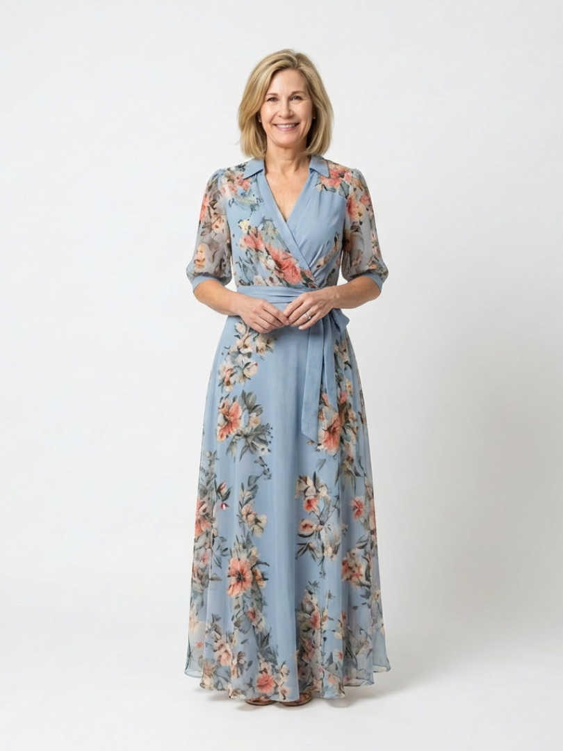 Katell — Blue Floral Wrap Maxi Dress with Tie Waist and Three-Quarter Sleeves