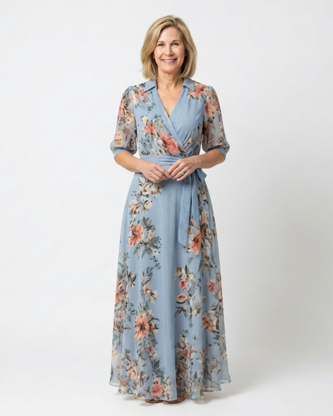 Katell — Blue Floral Wrap Maxi Dress with Tie Waist and Three-Quarter Sleeves