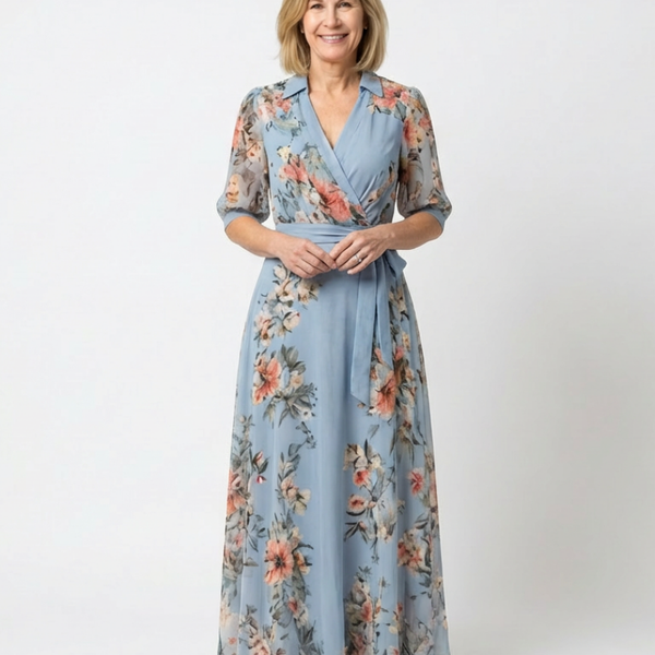 Katell — Blue Floral Wrap Maxi Dress with Tie Waist and Three-Quarter Sleeves
