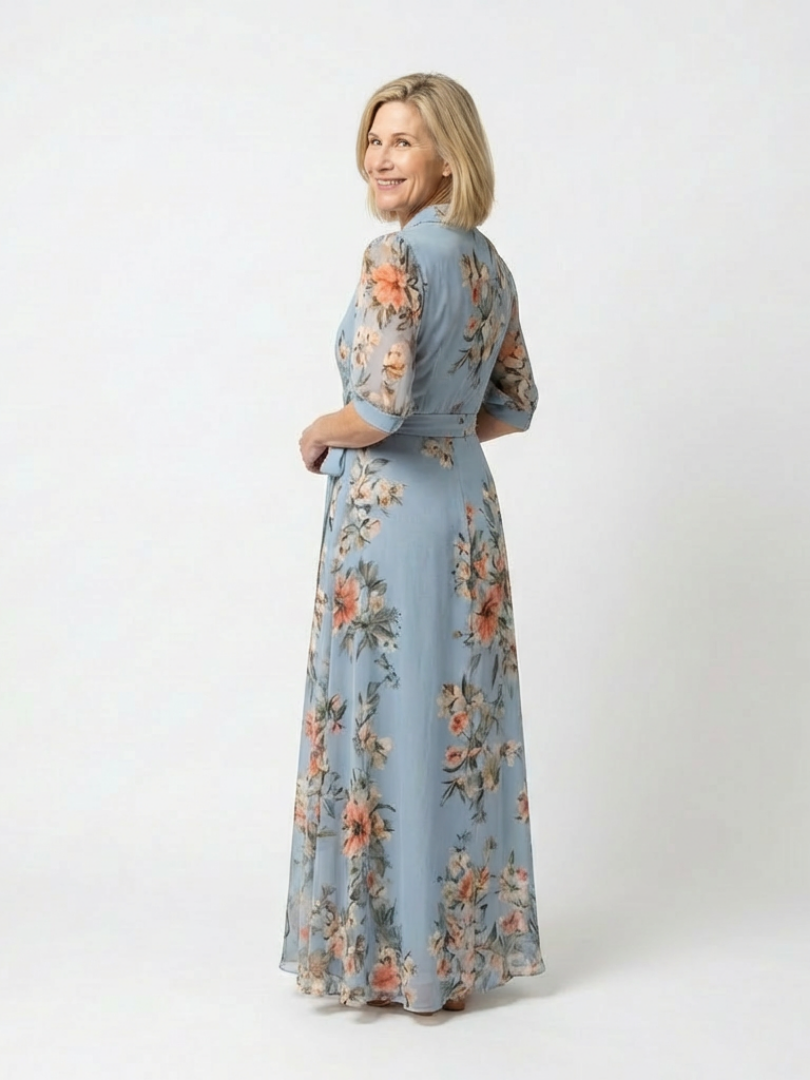 Katell — Blue Floral Wrap Maxi Dress with Tie Waist and Three-Quarter Sleeves