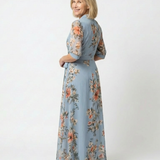 Katell — Blue Floral Wrap Maxi Dress with Tie Waist and Three-Quarter Sleeves