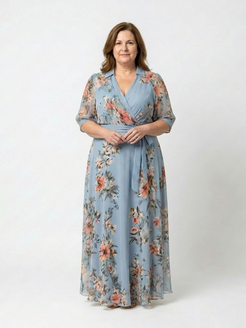 Katell — Blue Floral Wrap Maxi Dress with Tie Waist and Three-Quarter Sleeves