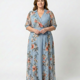 Katell — Blue Floral Wrap Maxi Dress with Tie Waist and Three-Quarter Sleeves